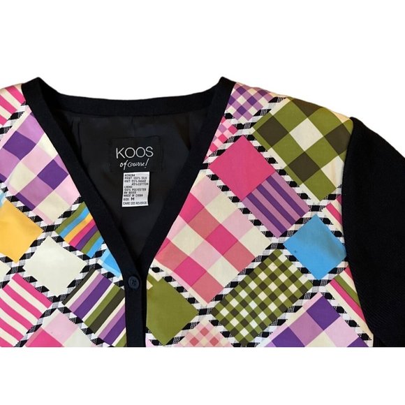 VTG New Koos Of Course M Cardigan Sweater Jacket Silk Black Madras Plaid Pink - Picture 4 of 7